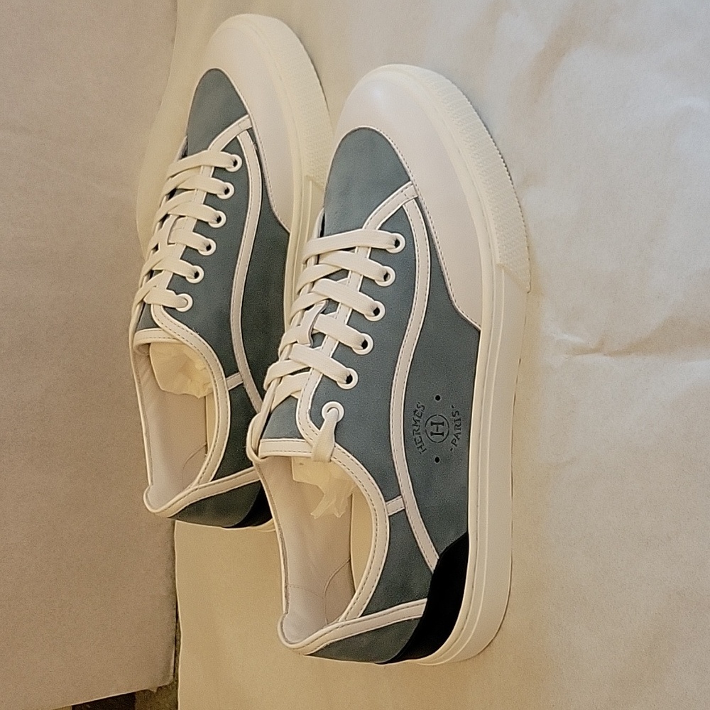 Hermes Light Blue Suede Colorblock Pattern Sneake… - image 4
